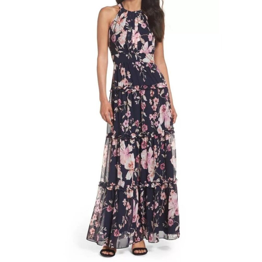 Eliza J Floral Halter Ruffle Maxi Dress Navy Pink Flower Dress 2